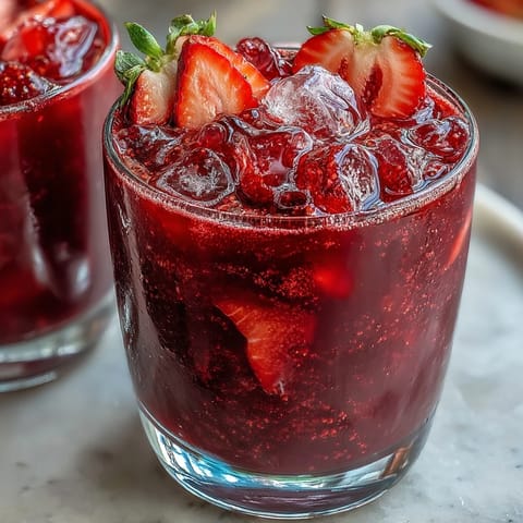 Vibrant pink Homemade Starbucks Strawberry Açaí Refresher with fresh strawberry slices and ice cubes in a clear glass.