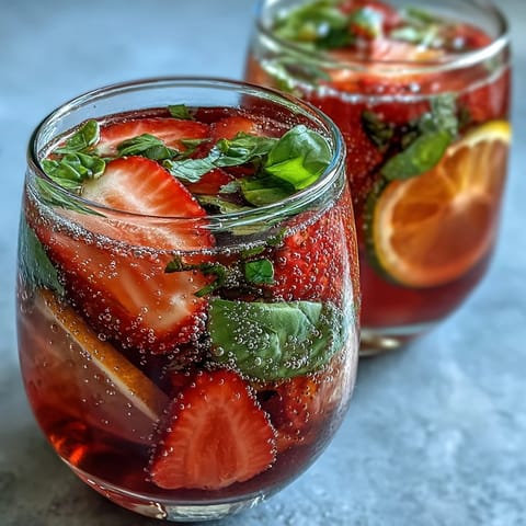 A vibrant glass of strawberry basil sangria mocktail with fresh fruit slices and basil, perfect for summer sipping.