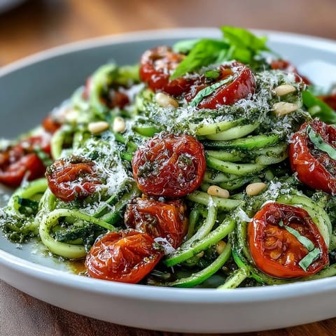 Vibrant spiralized zucchini with homemade basil pesto and sweet cherry tomatoes, perfect for a quick vegetarian meal.  
