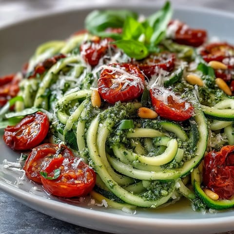 Fresh zucchini noodles tossed with vibrant basil pesto and juicy cherry tomatoes in a light, healthy Mediterranean dish.  