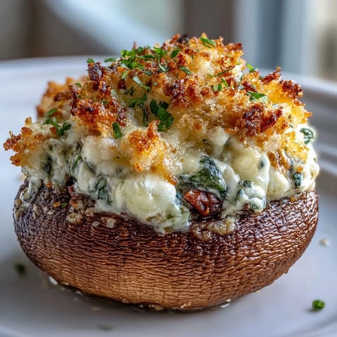 Vegetarian stuffed mushrooms bursting with spinach, ricotta, herbs, and a crunchy breadcrumb finish.  