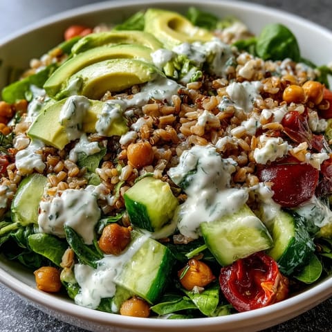 Colorful ancient grains bowl with farro, quinoa, and chickpeas, dressed for lunch.