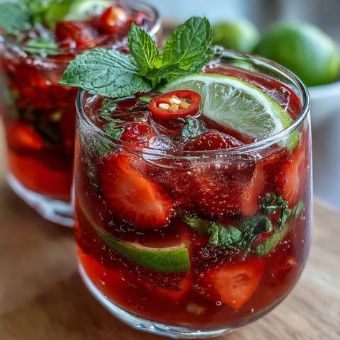 Vibrant strawberry chili limeade mocktail, a refreshing, non-alcoholic party drink.