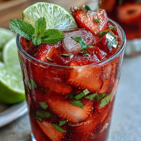 Chilled strawberry chili limeade mocktail, bursting with spicy, sweet, and tart flavors.