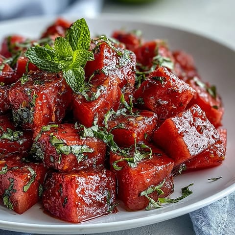 Cooling watermelon and mint salad with a zesty chili lime kick.