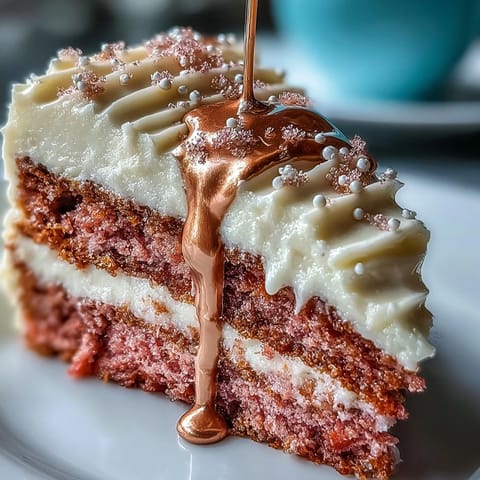 Showcases a delicate pink velvet cake perfect for any celebration.