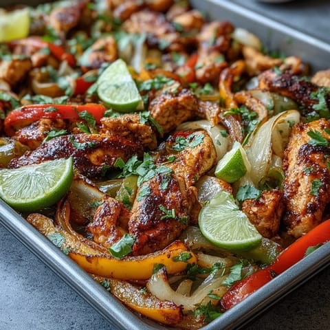 Vibrant sheet pan chicken fajitas with colorful peppers, perfect for tacos.