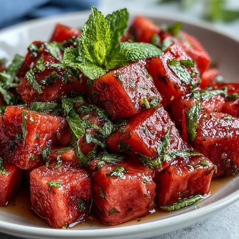Vibrant watermelon chili lime salad with mint, a refreshing summer dish.