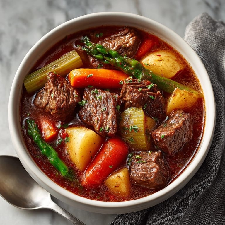 Comforting Beef and Vegetable Stew recipe bubbling in slow cooker, carrots and tender beef.