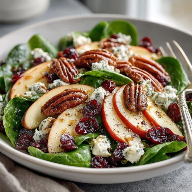 Making vibrant Apple Pecan Autumn Salad, the fresh greens and pecans beckon for tasting.