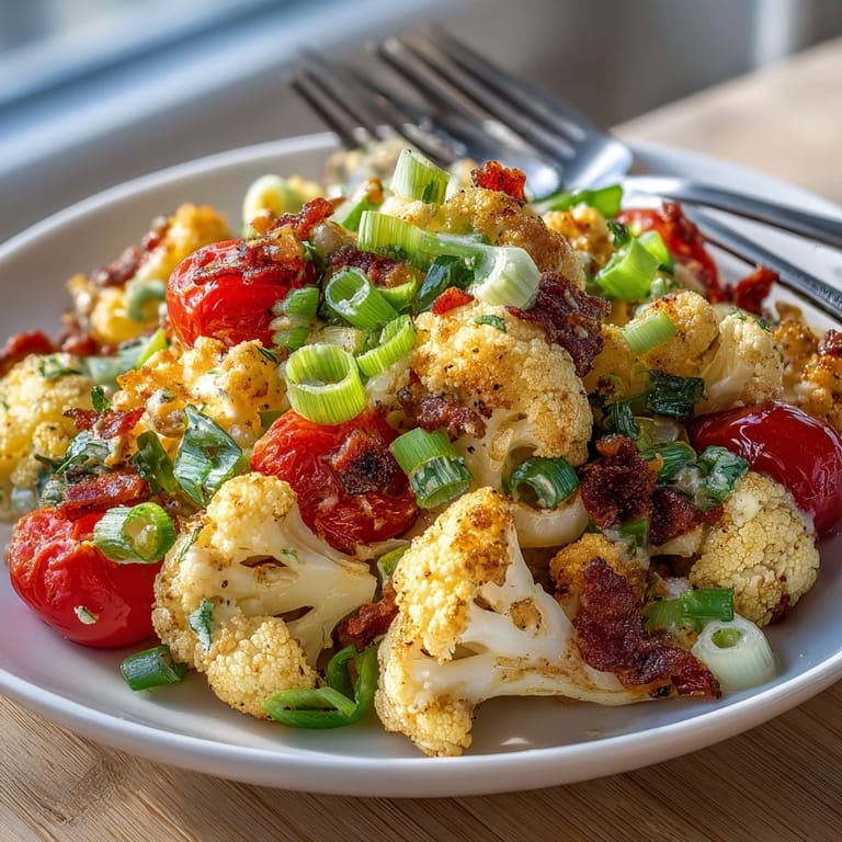 Close-up of tangy BLT Cauliflower Salad, a healthy and vibrant alternative to potato salad.