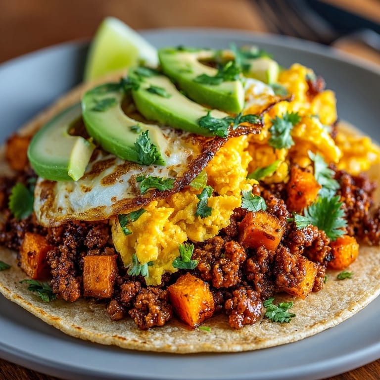 Hearty chorizo and sweet potato breakfast tacos, topped with fresh cilantro and avocado.