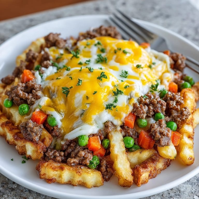 Crispy, oven-baked fries smothered in hearty Shepherd's Pie filling, a comforting cheesy dish.