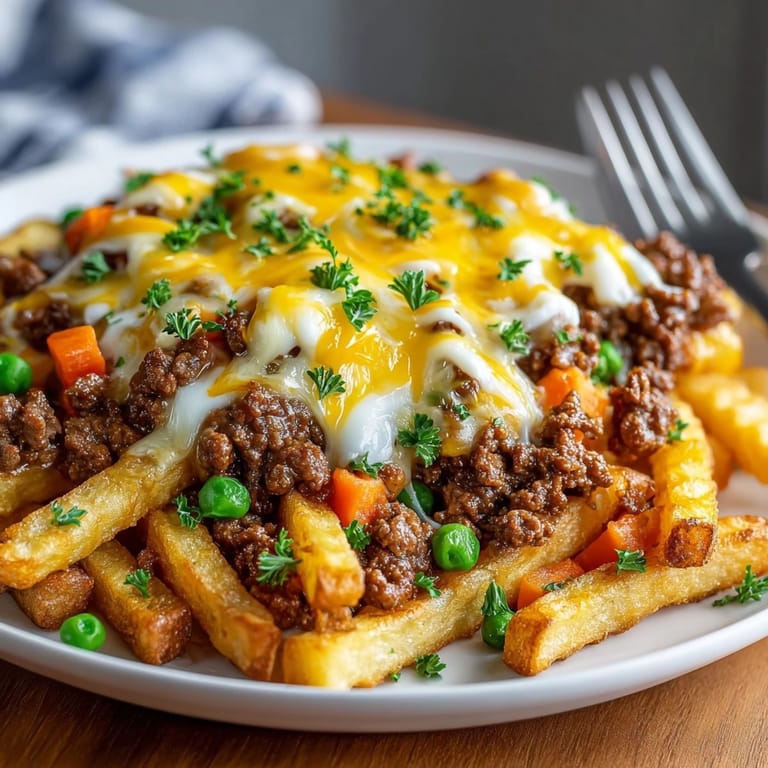 Imagine warm, savory ground beef Shepherd's Pie on crispy fries, topped with melted cheddar.