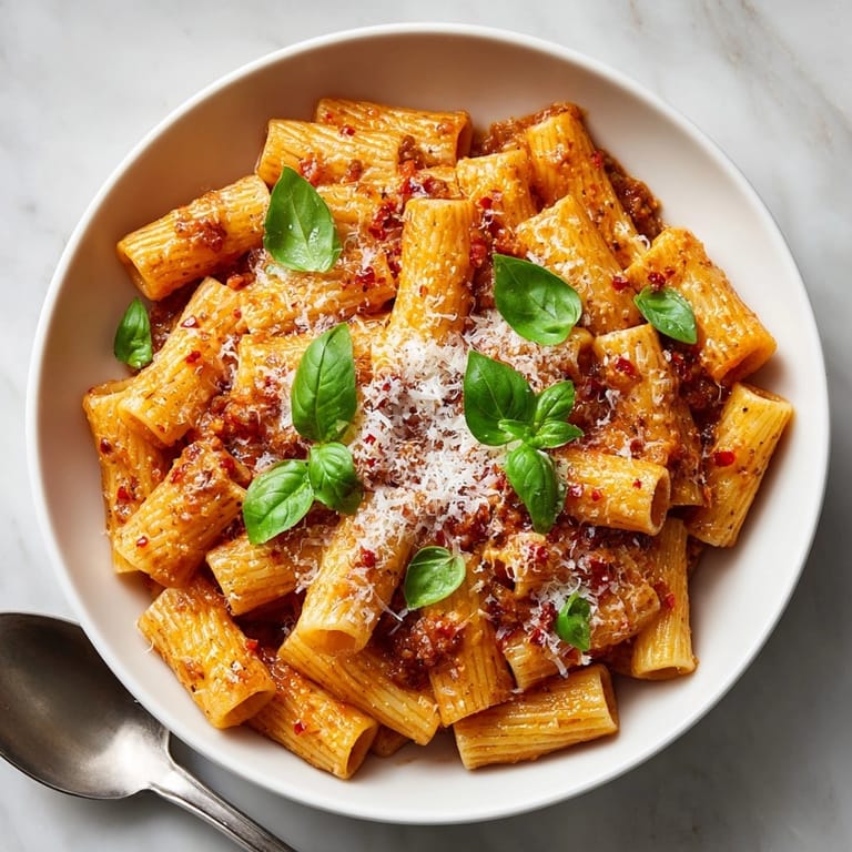 Bowl of steamy, homemade Gigi Hadid Spicy Rigatoni with grated Parmesan and fresh basil.