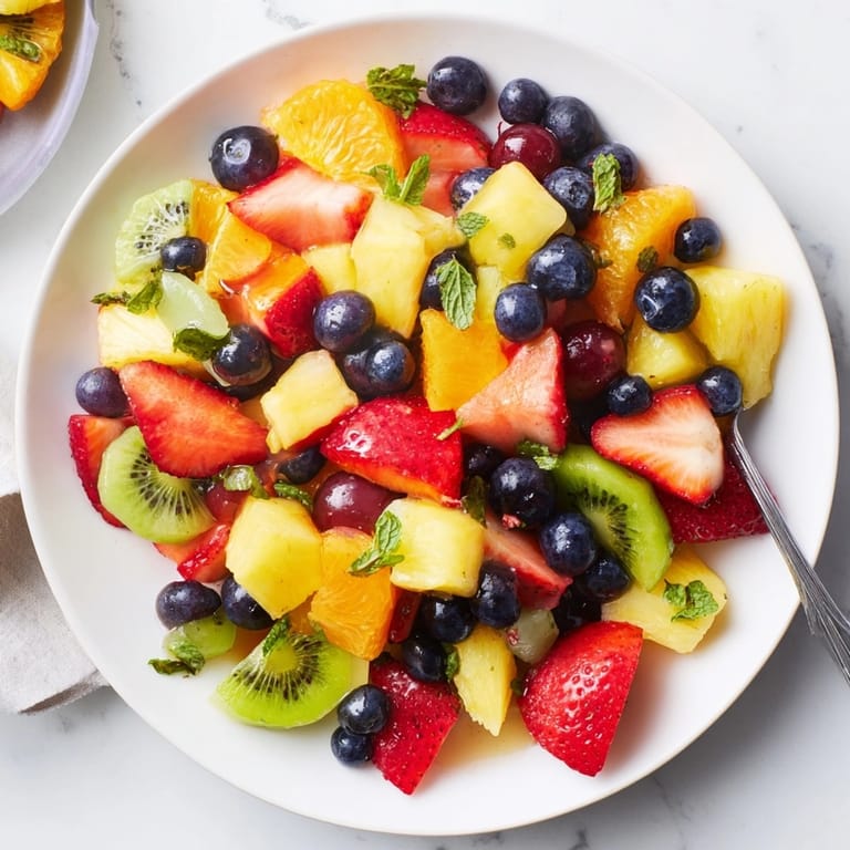 Sweet and tangy Fruit Salad: juicy strawberries, pineapple, grapes, and kiwi glistening.