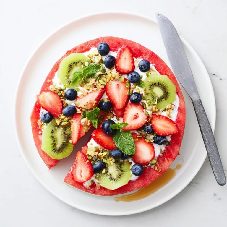 Fresh Watermelon Pizza recipe featuring a vibrant, healthy combination of fruit and yogurt for dessert.