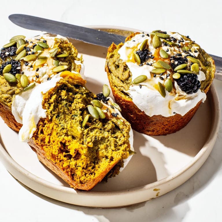 Delicious matcha pumpkin muffin toasts drizzled with maple syrup and fresh berries.  