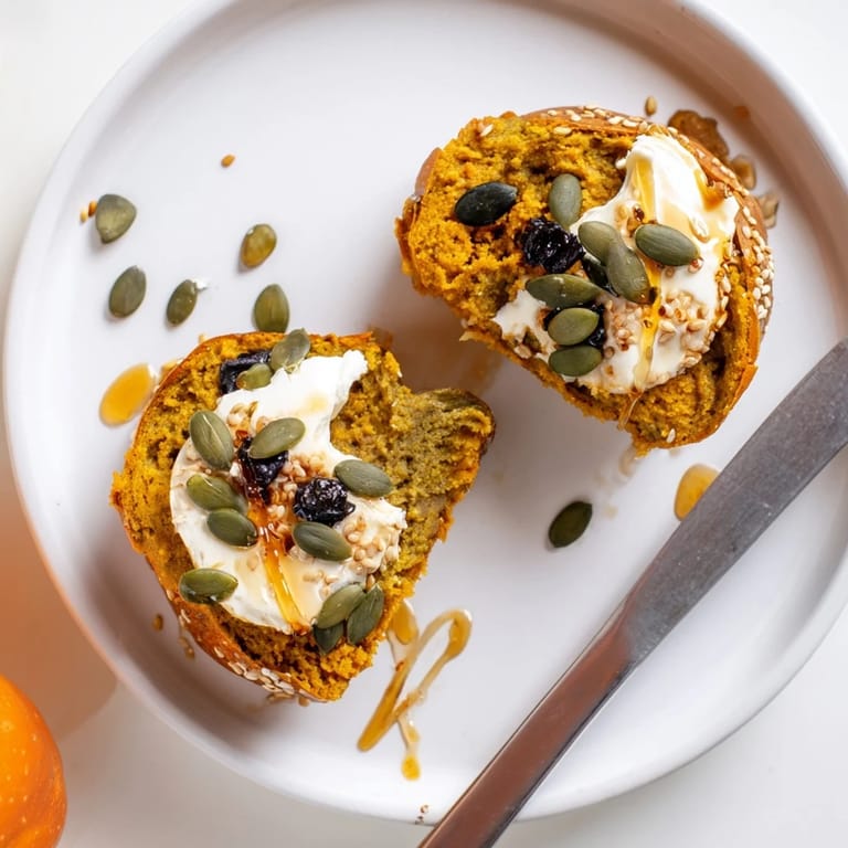 Vibrant matcha pumpkin muffin toasts garnished with cream cheese and pumpkin seeds.