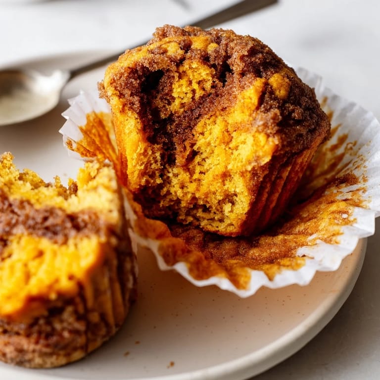 Golden pumpkin muffins swirled with gingerbread, ideal for cozy autumn gatherings.