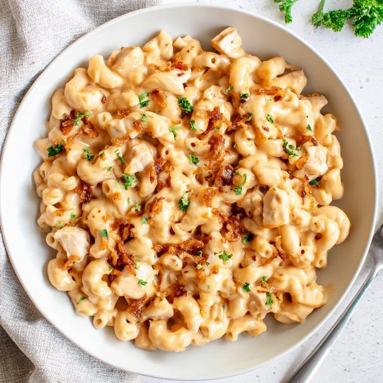 Decadent One-Pot Honey BBQ Chicken Mac and Cheese served hot with smoky flavors.  