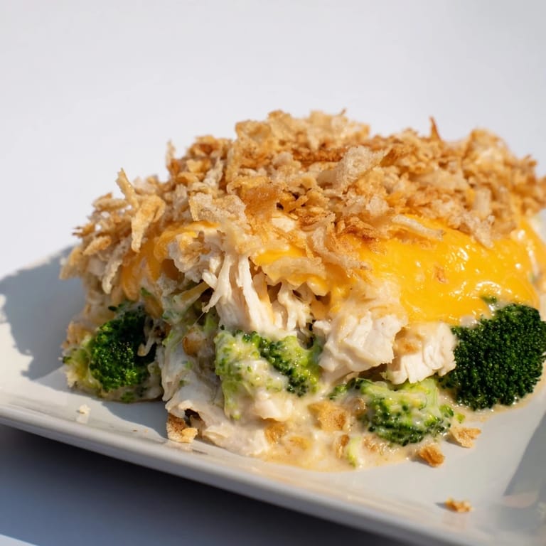 A close-up of a creamy Chicken & Broccoli Cheddar Bake just pulled from the oven.