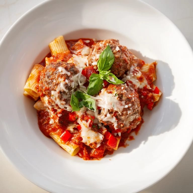 Hearty Italian Meatball Pasta Skillet; imagine tender meatballs nestled in rich tomato sauce with pasta.
