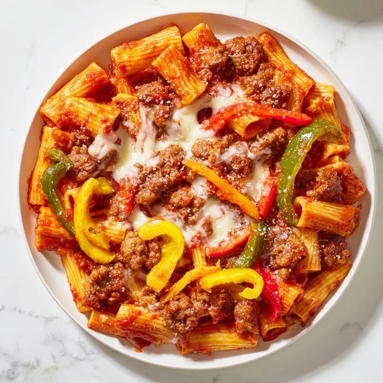 Golden-brown Baked Rigatoni with Sausage & Peppers, with visible peppers and sausage, offers a savory aroma.