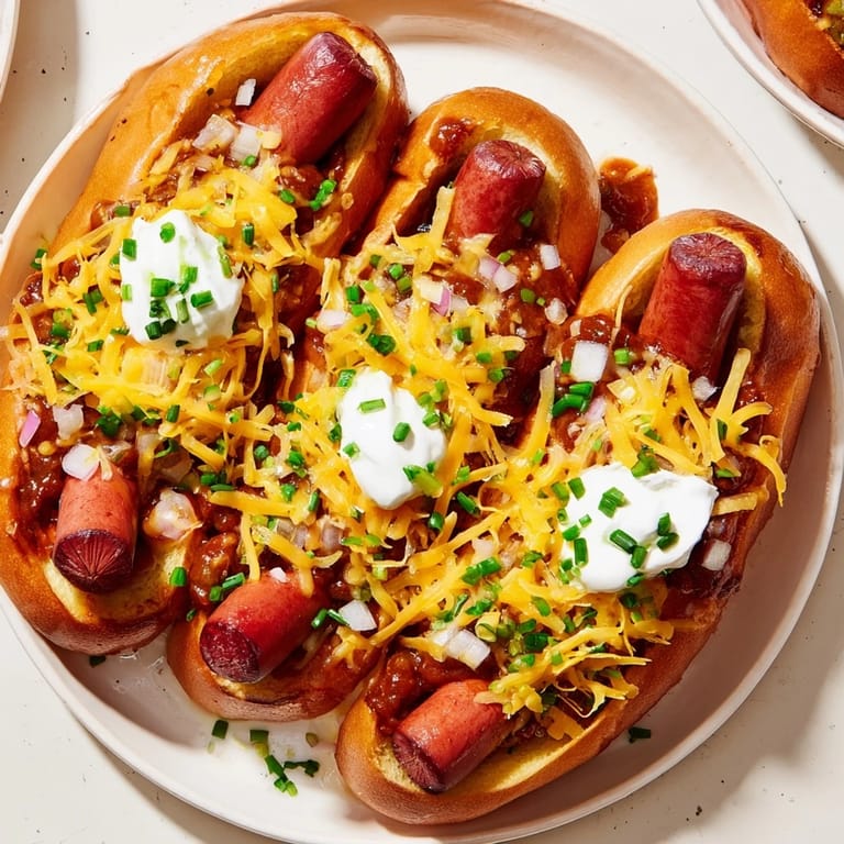 A close-up of savory Chili Dog Casserole, with visible hot dogs and a flavorful, baked crust.