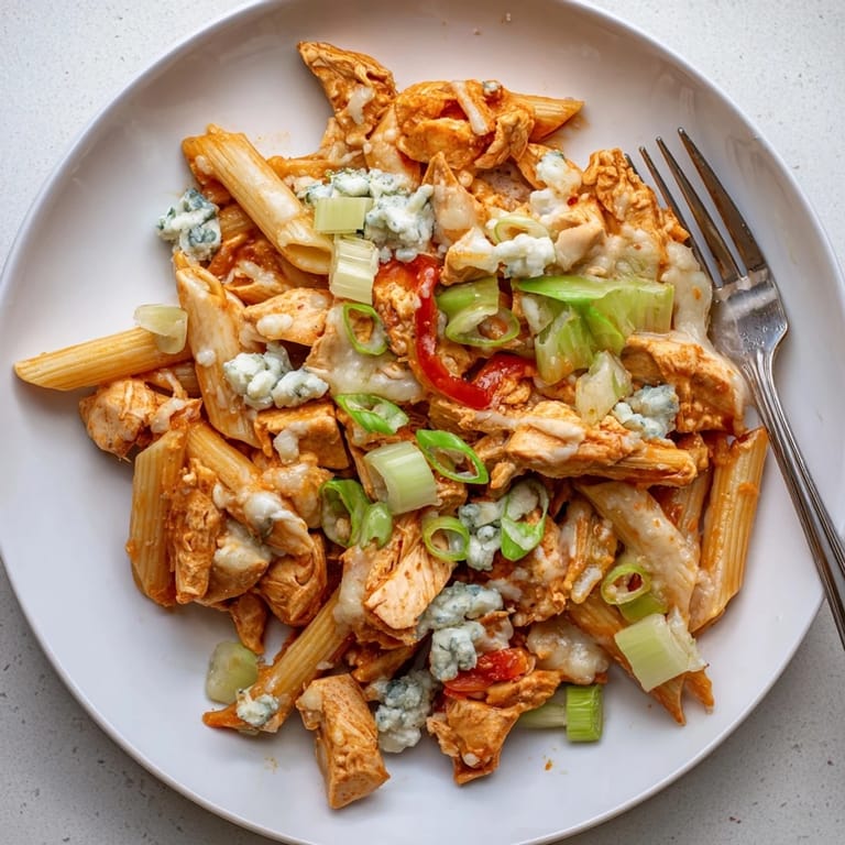This flavorful Buffalo Chicken Pasta Skillet features a bubbly, melted cheese topping over tender pasta and chicken.
