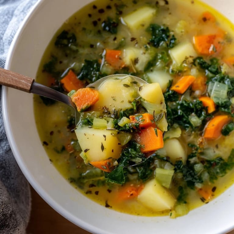 Hearty Vegetarian Potato-Kale Soup, with vibrant kale and tender potatoes, perfect for a cozy, delicious meal.