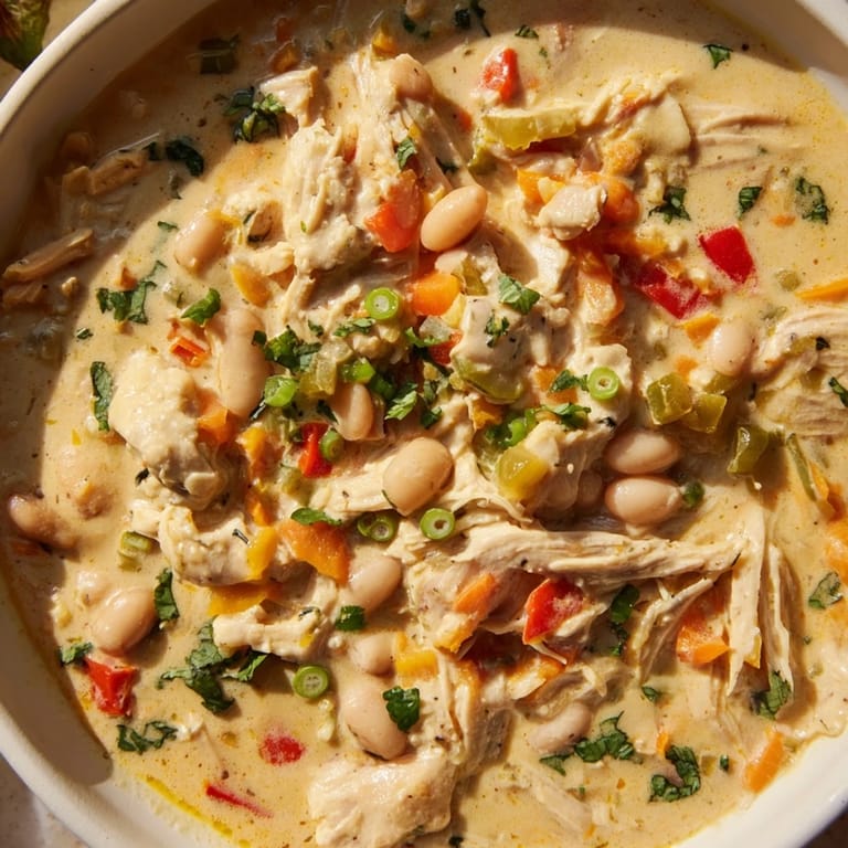 This comforting Creamy White Chicken Chili with Beans steams invitingly, ready for a chilly evening meal.