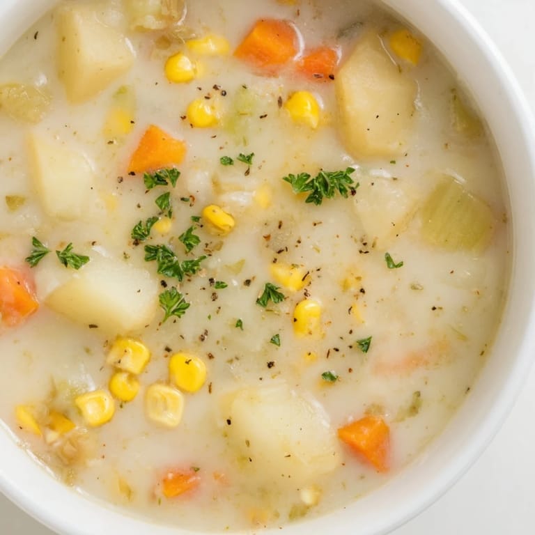 Close-up of a rich, golden Corn & Potato Chowder, a comforting vegetarian soup for cozy nights.