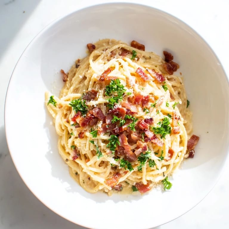 This flavorful Instant Pot Carbonara Ramen Hack features savory bacon, garlic, and a creamy egg sauce.