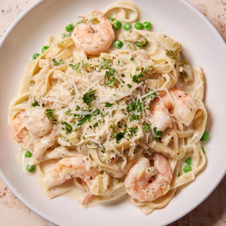 A steaming bowl of flavorful Instant Pot Shrimp Alfredo Pasta, garnished with fresh parsley.