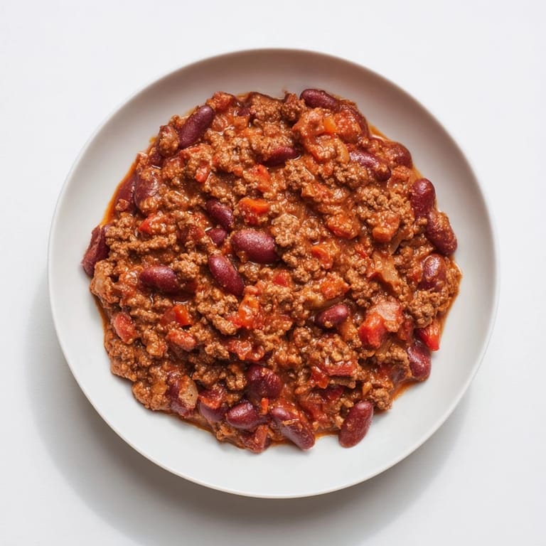 A close-up view of the rich, red The Secret 4-Ingredient Slow Cooker Chili Dump, ready to be served.