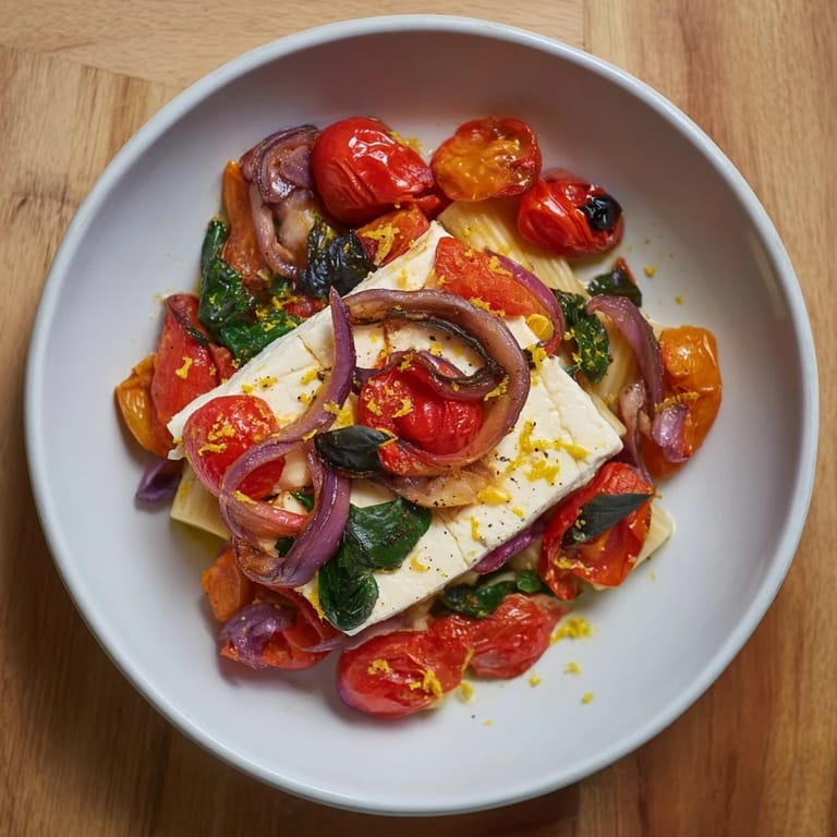 Tender pasta swims in a rich sauce from One-Pan Baked Feta Christmas Pasta, garnished with fresh basil.