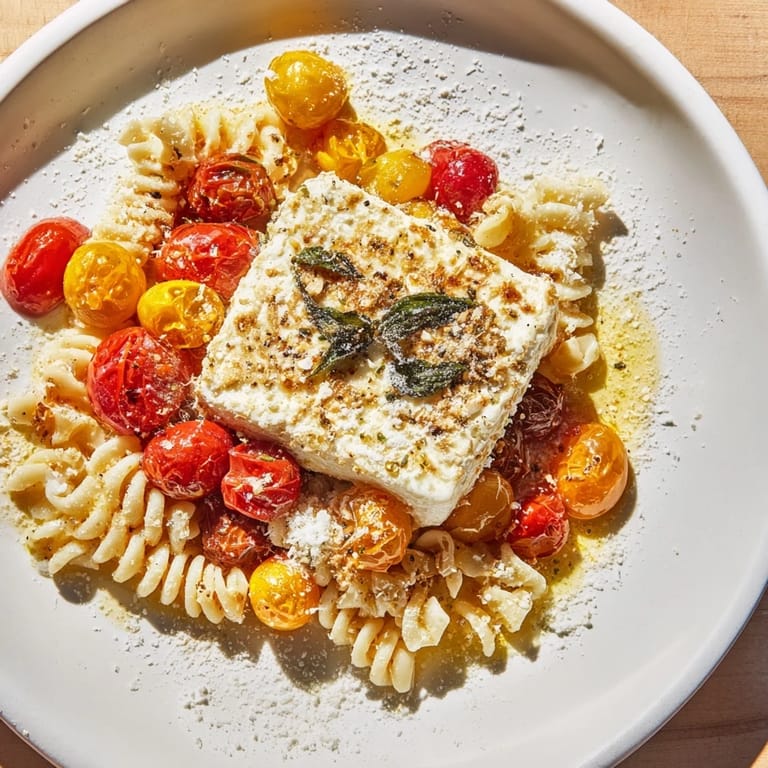 Close-up of the Baked Feta Snowfall Cherry Tomato Christmas Pasta, with Parmesan "snow" on pasta.