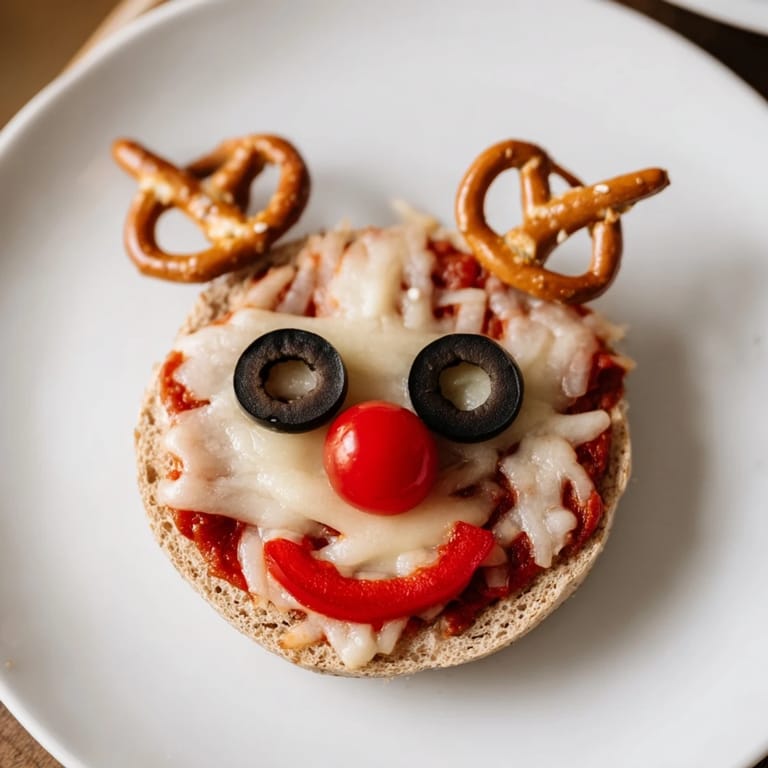 Warm, melted cheese covers a delicious Reindeer Face Pizza Bagels with bright red noses and pepppers.