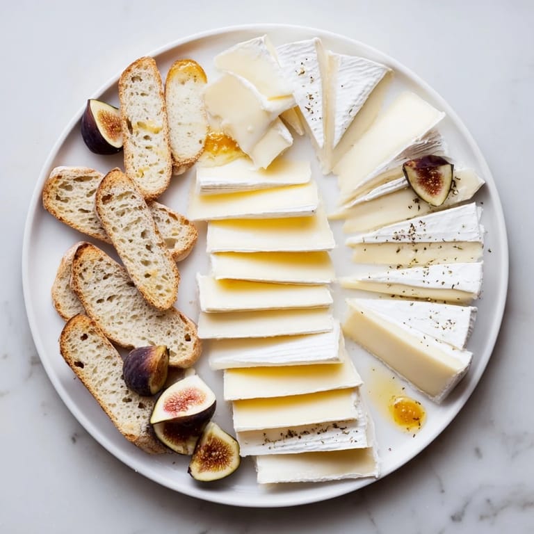 Arrangement of French Bistro Elegance appertizer, featuring cheese, fruit, honey, and mustard for a taste of France.