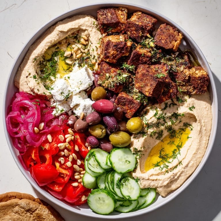 Vibrant arrangement of a Mediterranean Mezza Platter, featuring olives, tomatoes, and pita bread for easy sharing.