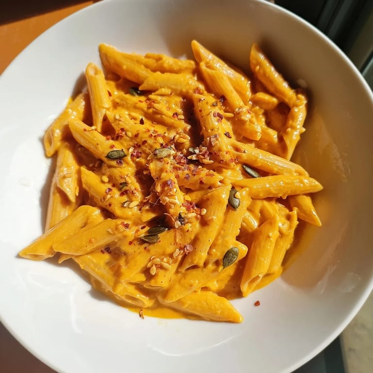 Golden-hued vegan creamy pumpkin pasta, perfectly coated penne, and topped with fresh herbs.
