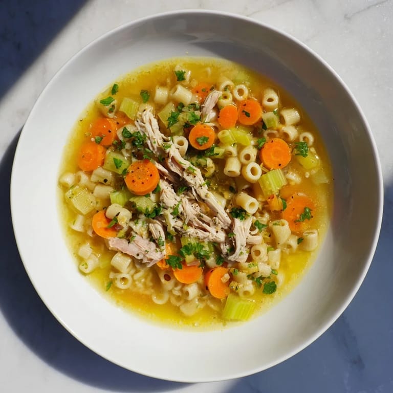 Steaming, flavorful Chicken and Ditalini Flu Fighter Soup with tender chicken, vibrant vegetables and herbs.