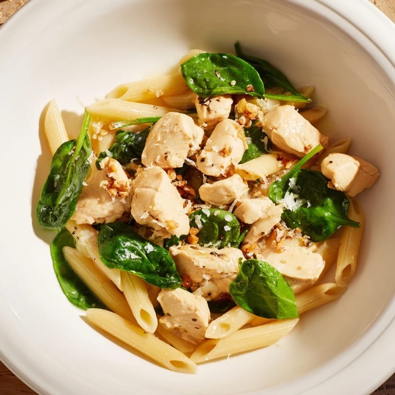 Close-up of creamy One-Pot Spinach and Chicken Pasta, a comforting, quick weeknight meal.
