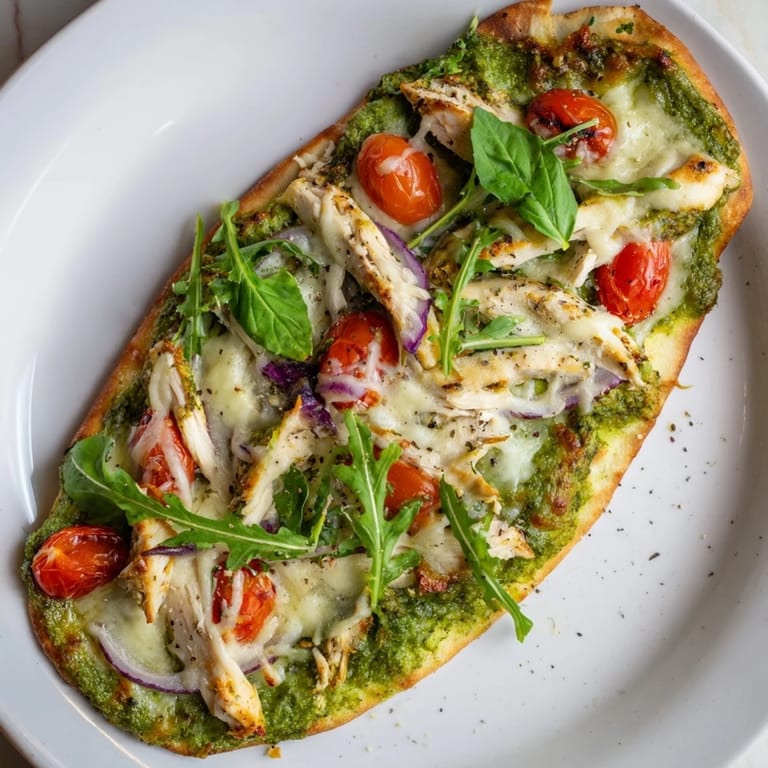 Enjoy a delicious flatbread; savory Pesto Chicken Flatbread featuring a melty cheese topping.