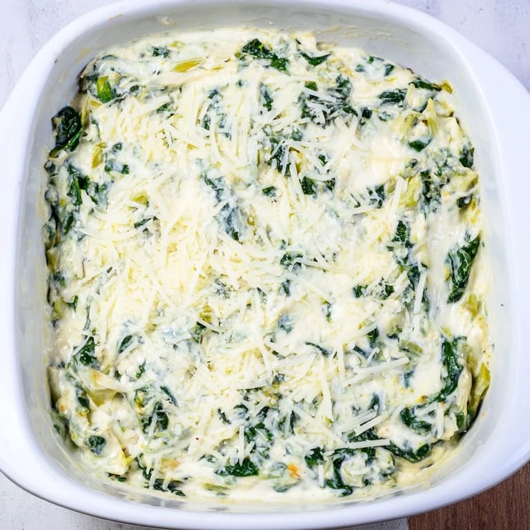A close-up of creamy Cheesy Spinach Artichoke Dip, rich with melted cheese and artichoke pieces.