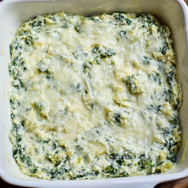 Golden-brown crust on a bowl of warm Cheesy Spinach Artichoke Dip, perfect for a party appetizer.