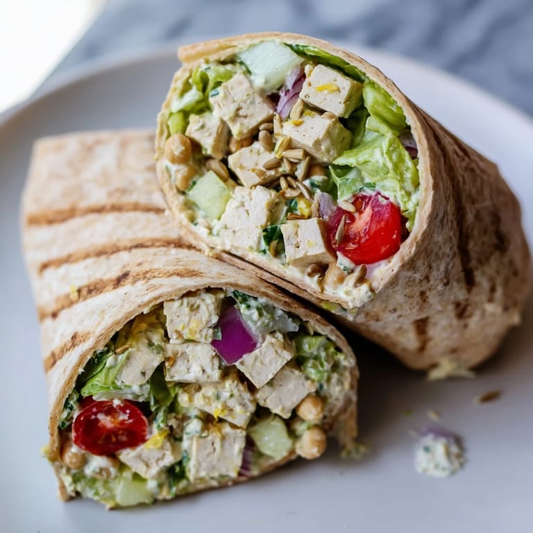 A delicious High-Protein Chicken-less Caesar Wrap, filled with vibrant veggies and protein-packed chickpeas and tofu, ready to devour.