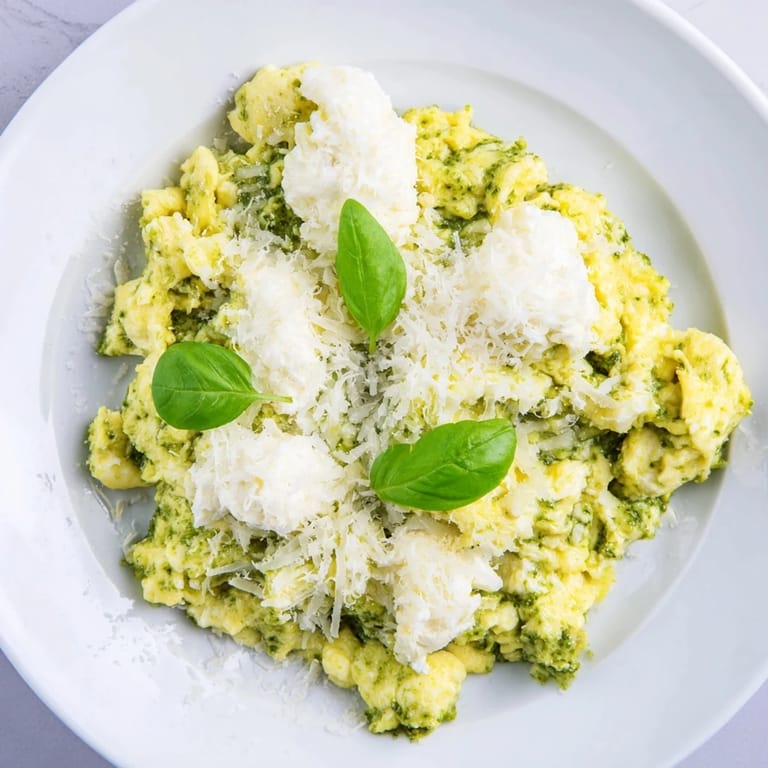 Creamy, homemade pesto folded into cottage cheese eggs, a flavorful gluten-free breakfast option.