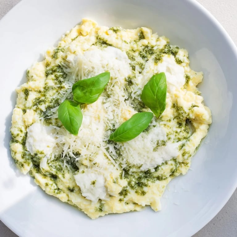 Scrumptious pesto cottage cheese eggs in a skillet, ready to serve with crusty bread for brunch.